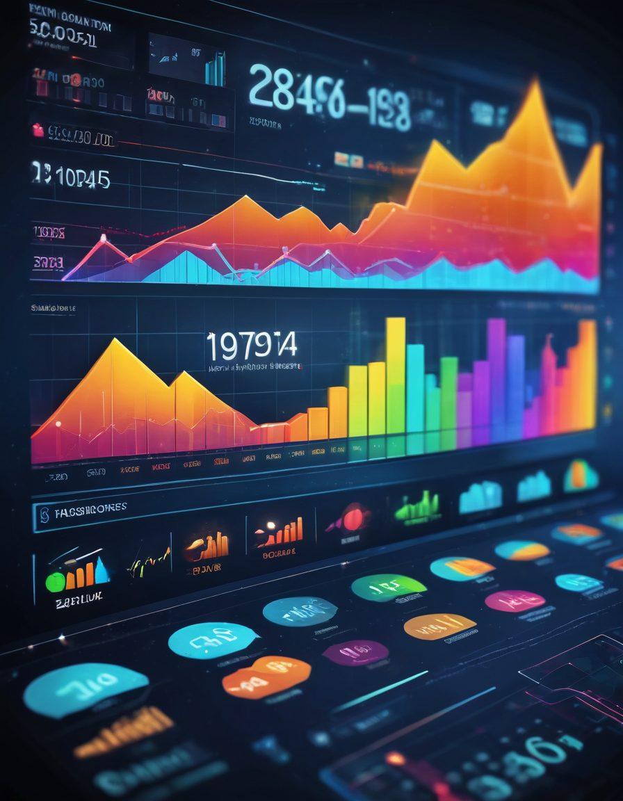 A dynamic visualization of a digital dashboard displaying market analysis data, featuring colorful graphs, trend lines, and key performance indicators. Include an upward arrow symbolizing success and growth, surrounded by silhouettes of diverse professionals analyzing data. Incorporate elements that represent technology and finance, such as circuit patterns and currency symbols. modern infographic style. vibrant colors. 3D effect.