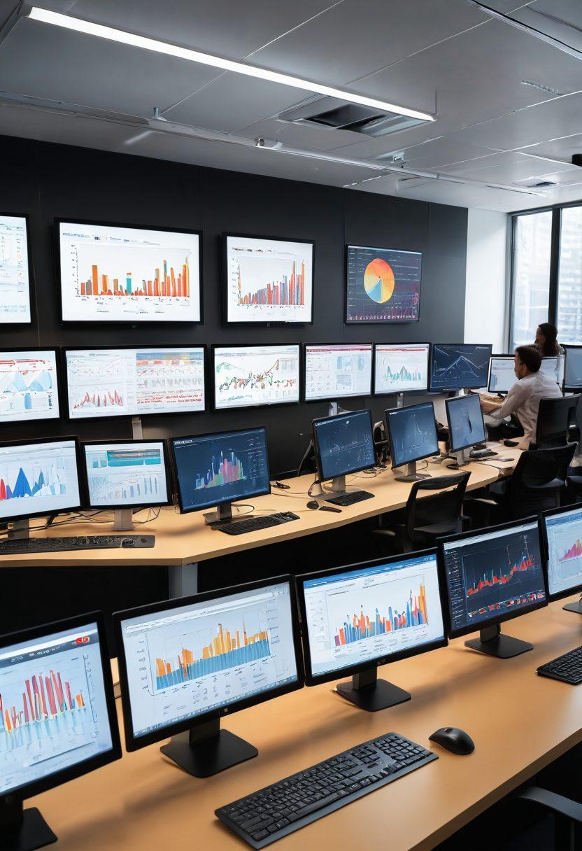 A modern office workspace with multiple computer screens displaying colorful, dynamic graphs and charts that represent market data. Include a bright, inviting atmosphere with a diverse group of professionals engaged in discussion, analyzing data together. The design should emphasize clarity and innovation in data visualization, enhancing the understanding of complex information. super-realistic. vibrant colors. clean lines.
